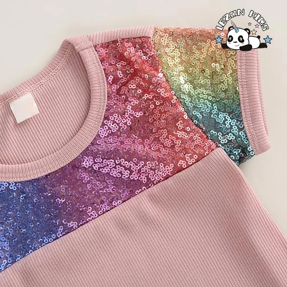 LEZONKIDS - Customizable Gradient Sequin Sleeves T Shirt Sequin Short Girls Summer Sequin Clothing Set